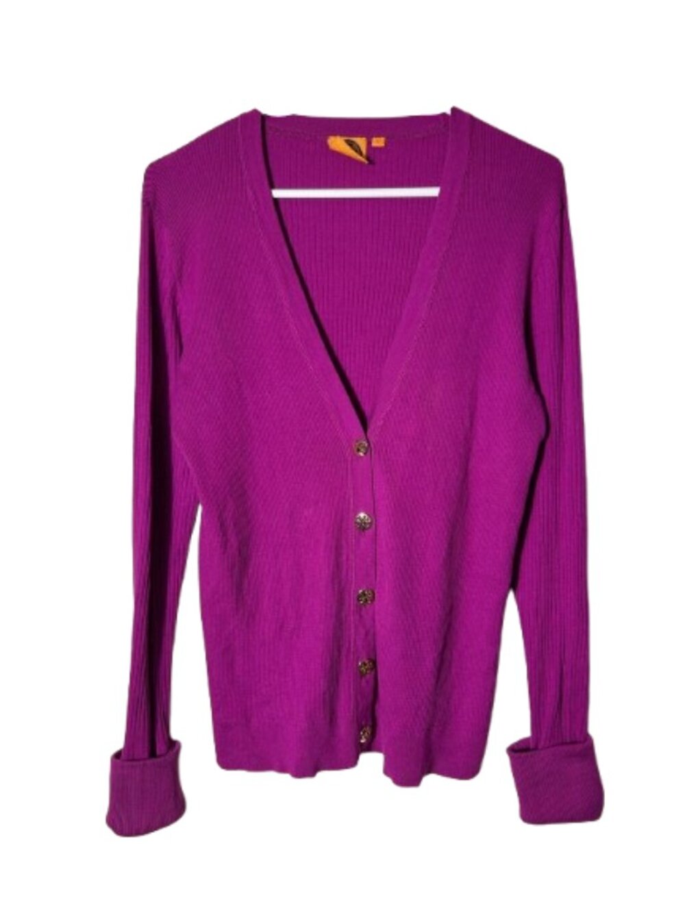 Tory Burch magenta pink ribbed knit logo button cardigan womens L
